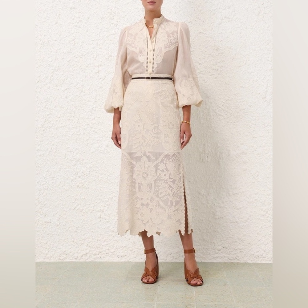 Zimmerman Ottie Embroidered Midi Skirt Cream, Size 1